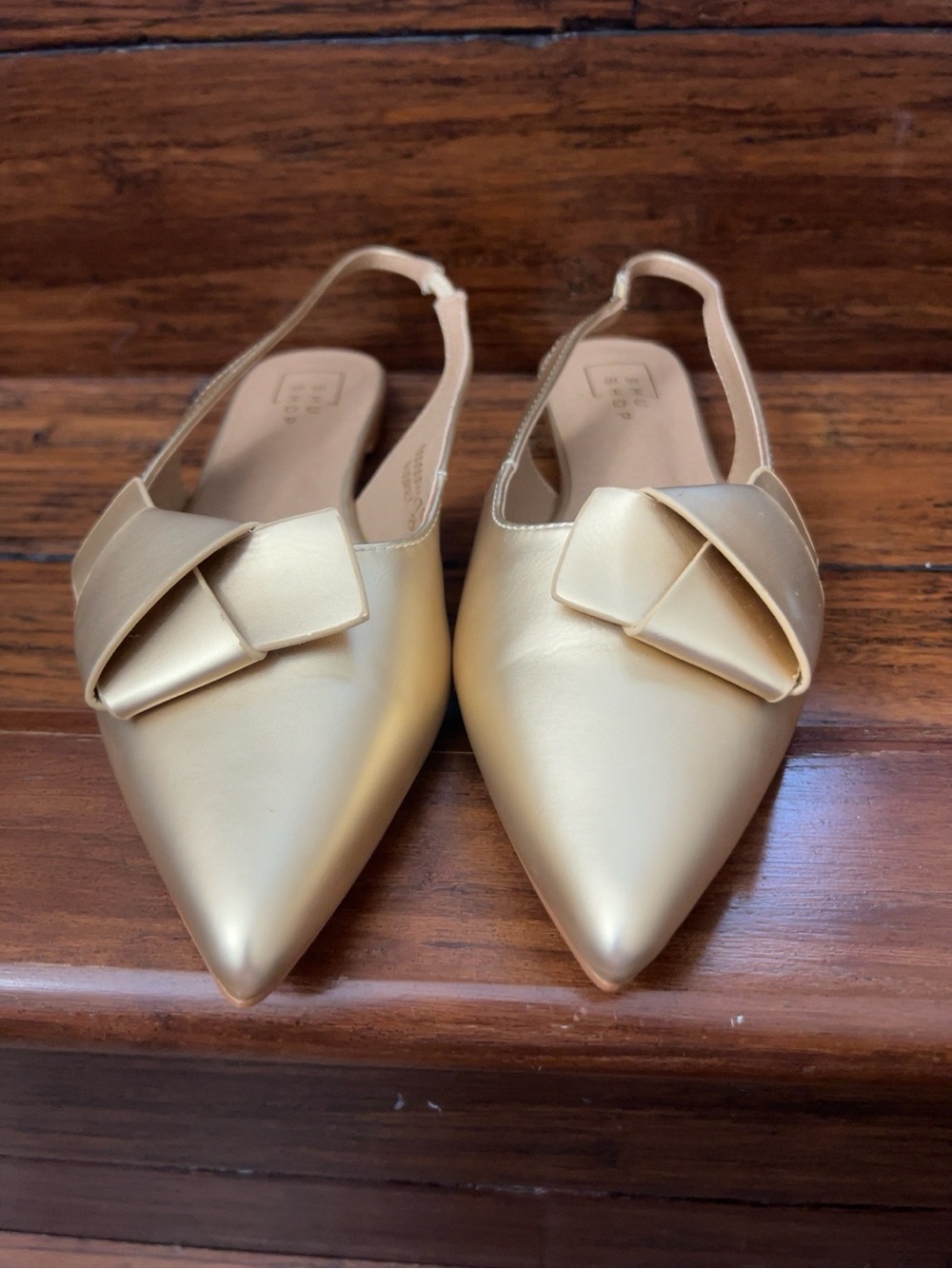 ShuShop Metallic Gold Pointed Slingback Flats with Decorative Bow